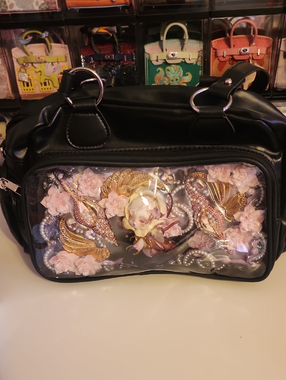 Skull Panda Black Crossbody Satchel with Pink Floral Embellishments